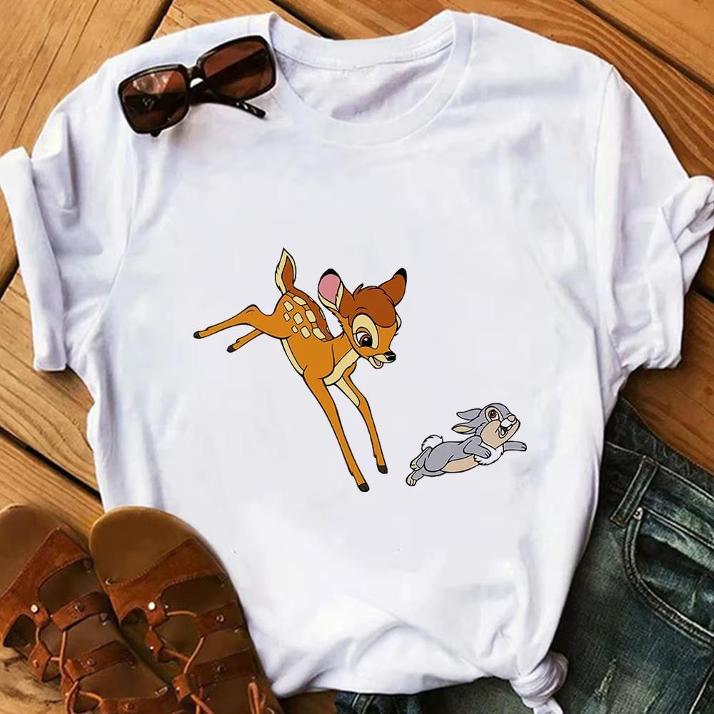 Cartoon Cute Bambi Printed T Shirt Fashion Women Casual Short Sleeves Streetwear Tshirt Summer Harajuku Tshirts Tops