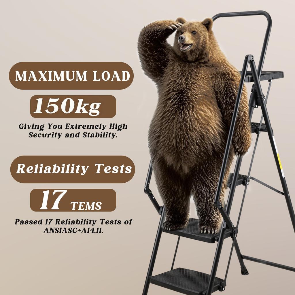 4 Step Ladder, Sturdy Steel Stool with Anti-Slip Wide Pedals, Handrail, Safe-Lock Design, Pass 330 lbs Load Testing, Folding Portable Black