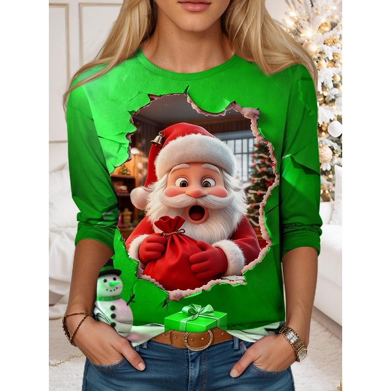 Christmas Women's T Shirt Graphic Santa Claus Vintage Fashion Stylish Long Sleeve Crew Neck Round Neck Regular Tops Daily Weekend Print Red