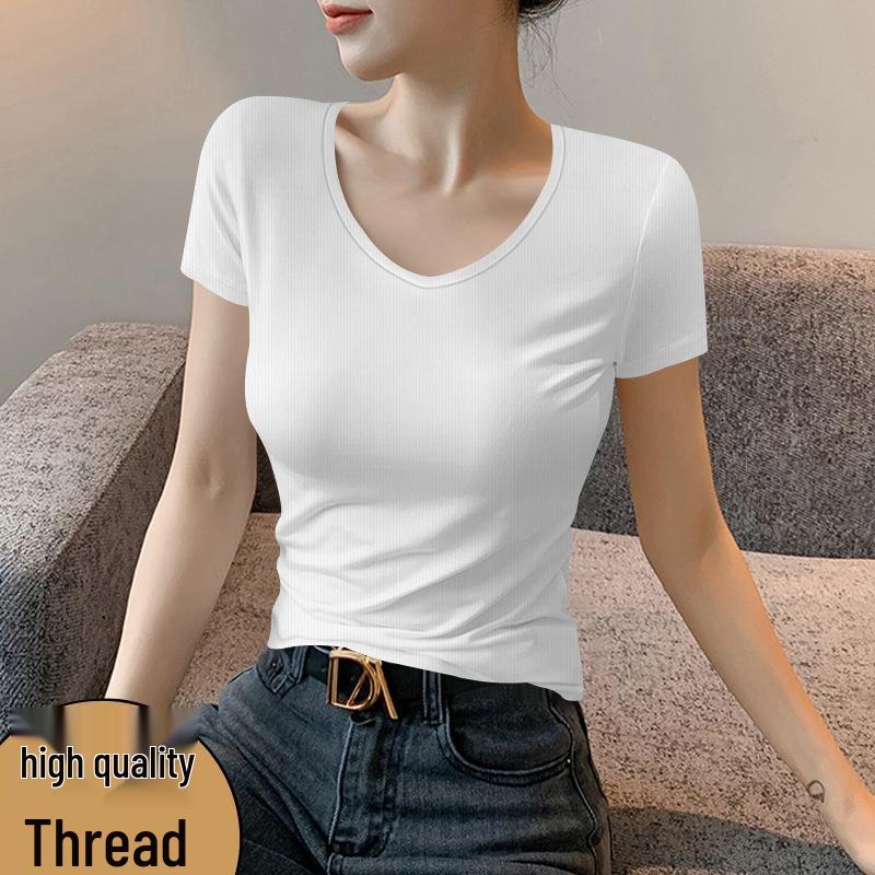 Damen V-Ausschnitt Slim Fit Kurzarm Geripptes T-Shirt, Große Größen, Einfarbig, Frühjahr/Sommer 2026 Kollektion