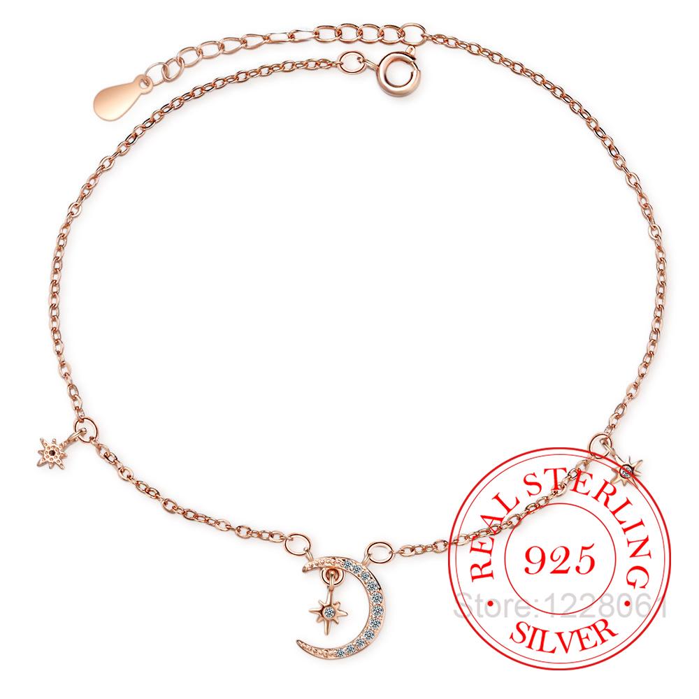 925 Silver Moon & Star Ankle Bracelet for Women, Zircon Minimalist Jewelry,Wedding Party Birthday Gift,Elegant Fashion Accessory