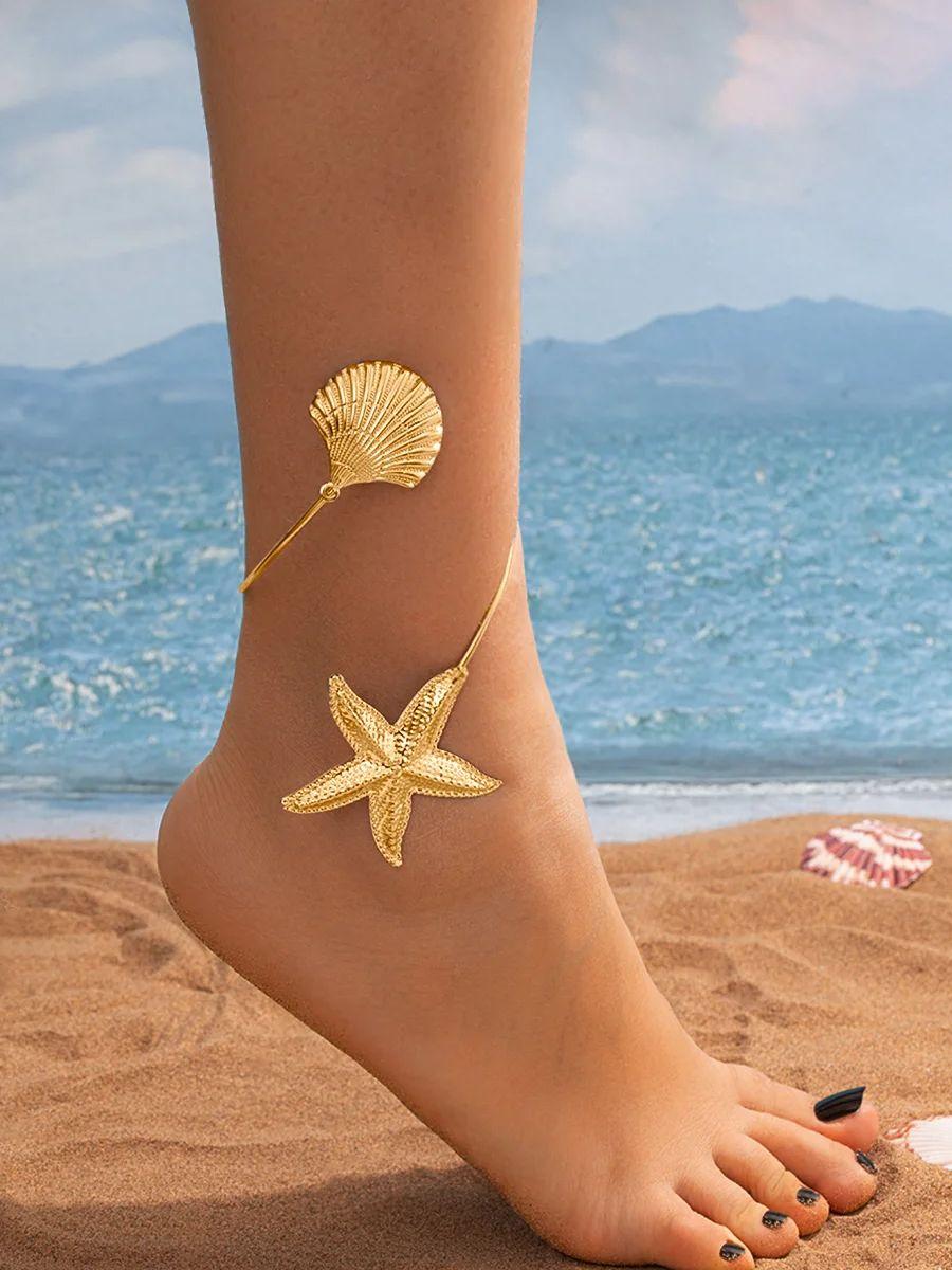 

1 Piece Imitation Starfish and Shell Open Anklet, Adjustable Summer Beach Accessory, Ocean Style Ankle Jewelry