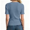 Women's V Neck Short Sleeve Ribbed Knit Top Casual Summer Shirt with Adjustable Drawstring Front Detail and Button Accents