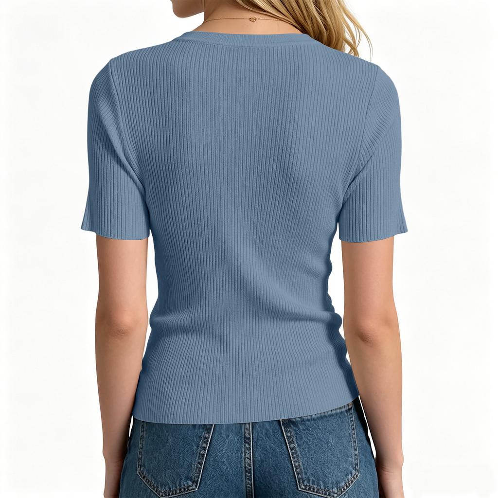 Women's V Neck Short Sleeve Ribbed Knit Top Casual Summer Shirt with Adjustable Drawstring Front Detail and Button Accents