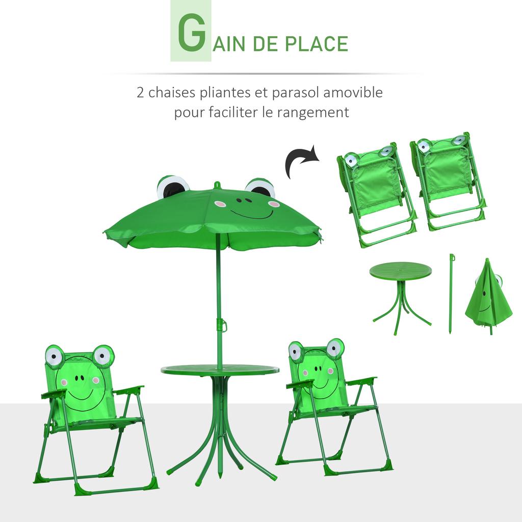 4-teiliges Gartensitzmöbel-Set für Kinder mit Froschmotiv - Runder Tisch + 2 Klappstühle + Sonnenschirm - Grün Oxford Epoxidbeschichtetes Metall