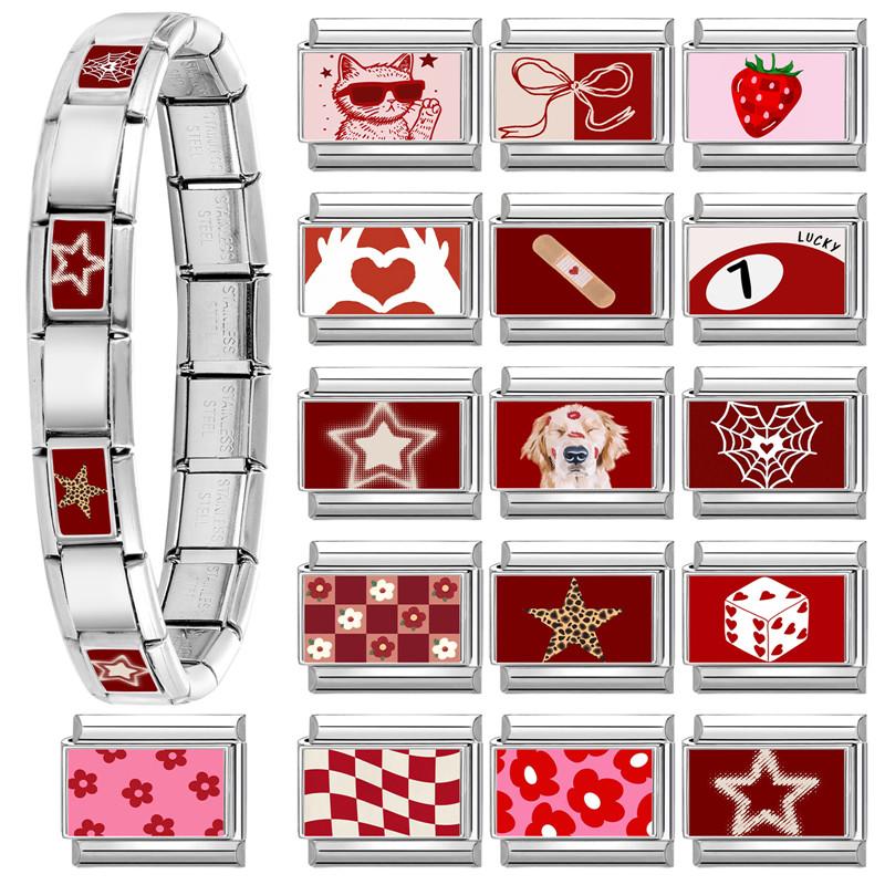 Red Pink Heart Dog Cat Flowers Italian Charm Link fit 9mm Stainless Steel Jewelry DIY Making Bracelets For Gifts