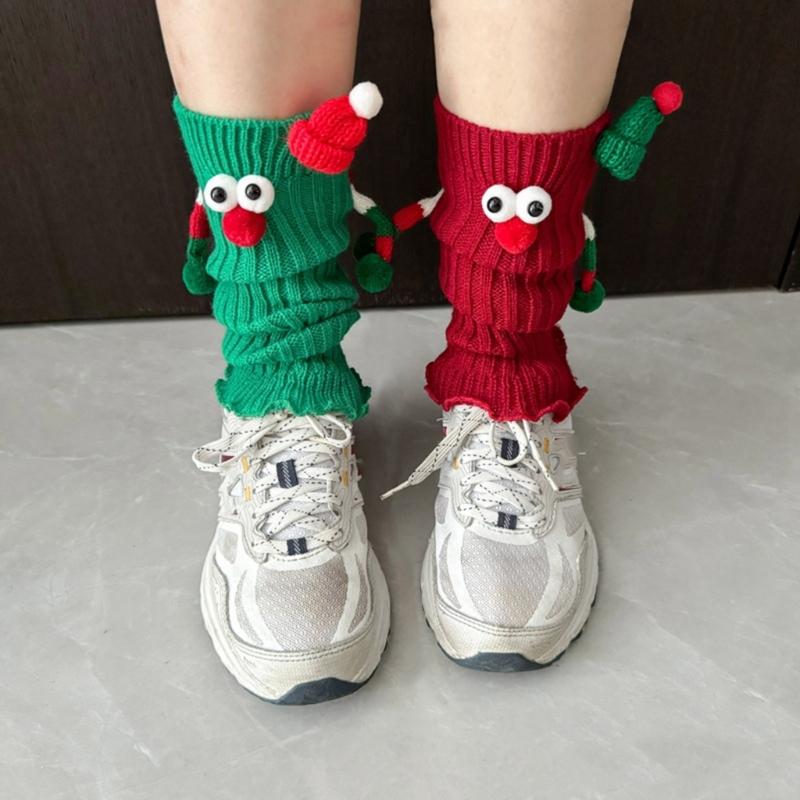 Christmas Holiday Leg Covers 3D Santa Hat Doll Magnetic Hand Holding Leg Warmers Socks with Big Curious Eyes for Women