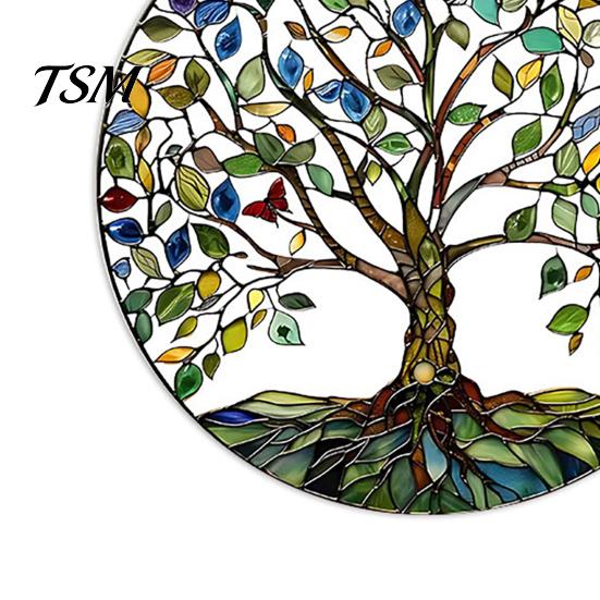 Wall Hanging Ornament Tree of Life Round Sign, Stained Glass Acrylic Suncatcher Decoration Decoration, Window for Indoor Outdoor