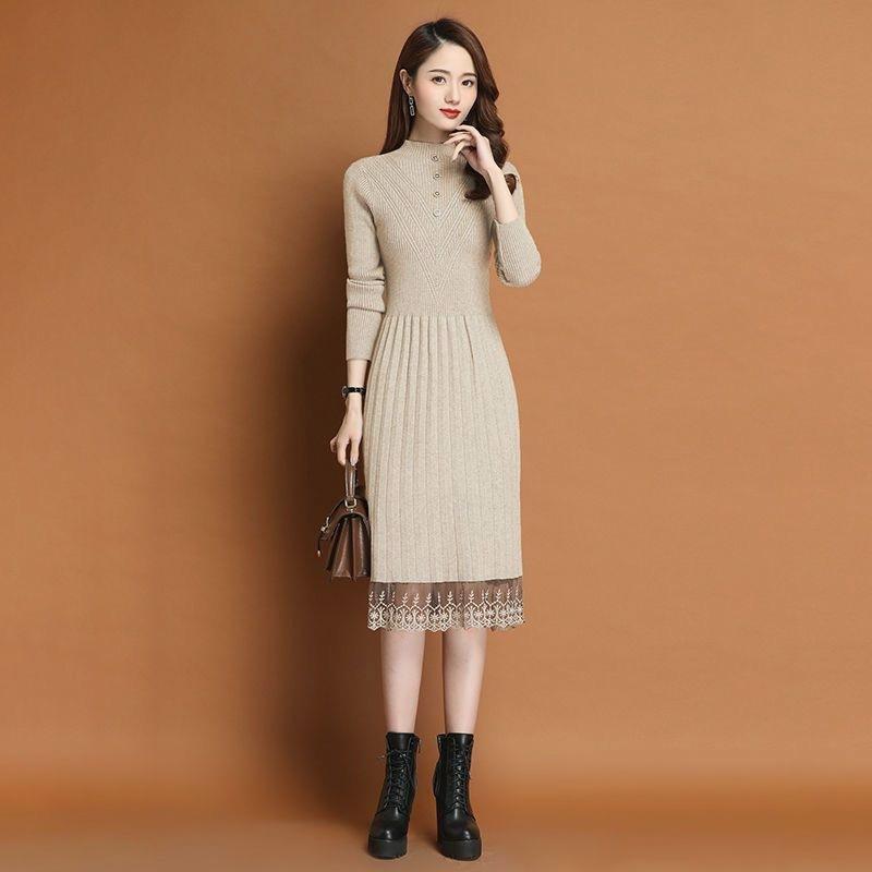 

Вязаное платье для женщин на осень и зиму, длинное до колена, с полувысоким воротником-стойкой, свитер, кружевное платье-свитер 2XL бежевый
