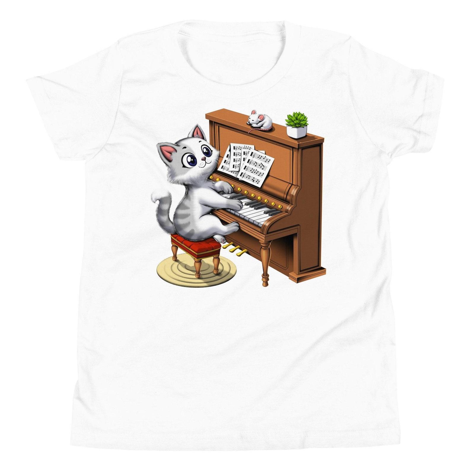 Funny Cat Playing Piano Kids T-Shirt: Musician Tee 100