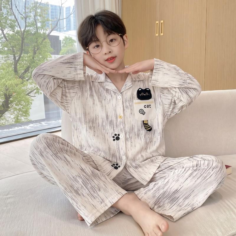 Boys Cotton Pajama Set Long Sleeve Open Front Cartoon Print Home Wear Kids Teens
