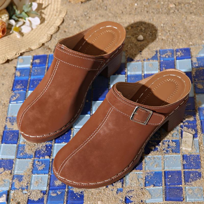 Summer Plus Size Heavy Bottom Wrapped Head Half Drag Round Head Deep Mouth Metal Buckle Block Heel Cool Drag 36