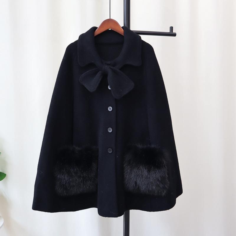 Bow knitted double-sided woolen coat cape autumn and winter new high-end sweater jacket women