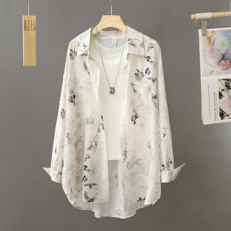 Summer Anti Wrinkle and Drooping Ink Painting Printed and Dyed Shirt Loose Long Sleeved Collar Thin Shirt Sun Protection Clothing