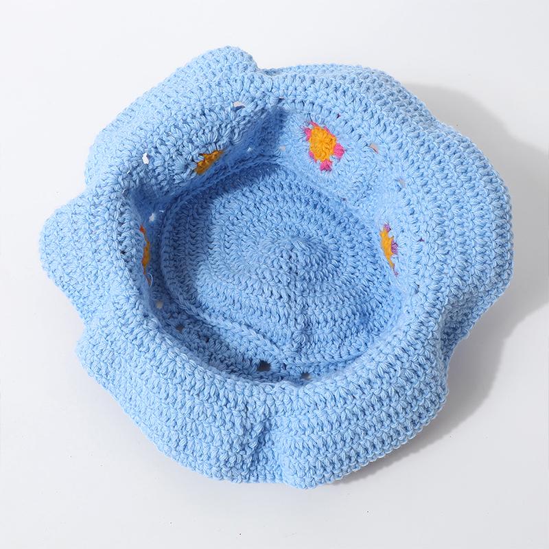 Women Plush Hat Bowler Hat Knitted Hat Breathable Handmade Crochet Vibrant Floral Pattern Cute Hollow Ruffles Colorful 56-58cm