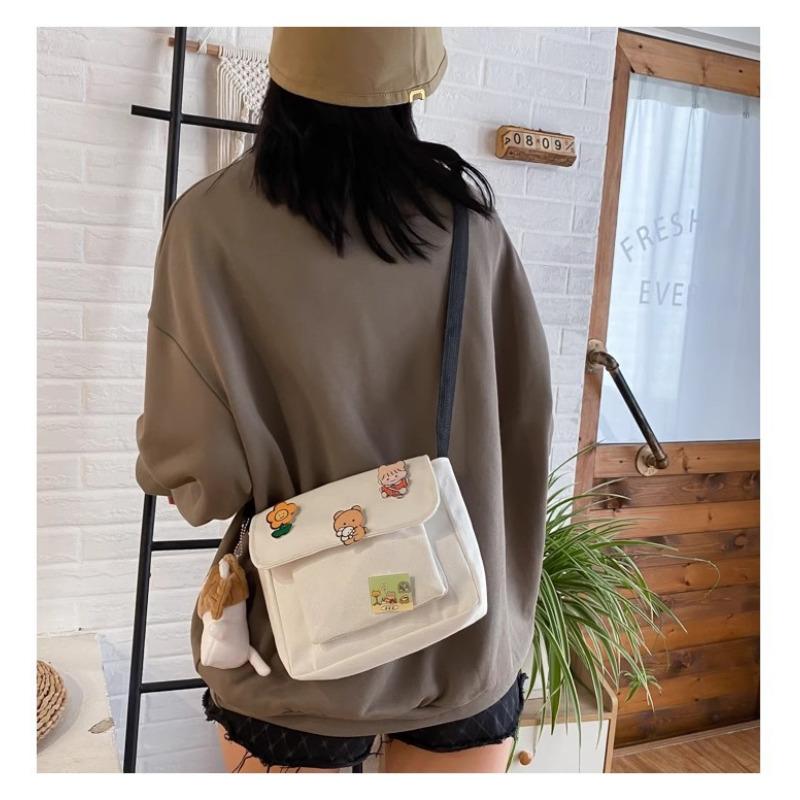 Cute Canvas Crossbody Bag for Women Small Square Shoulder Handbag with Pendant