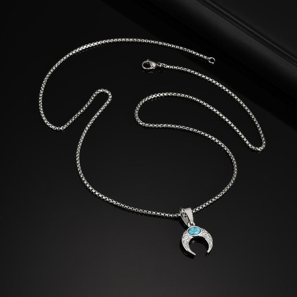 Turquoise Moon Pendant Necklace for Men Boys,Silver Color Stainless Steel Collar,Ethnic Retro Gift