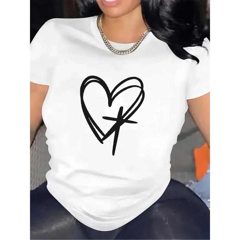 

T-Shirt With Heart Cross Design | Durable And Comfortable Fabric, Ideal For Casual Dining, Lightweight And Breathable Top For Everyday Use, Stylish S белый