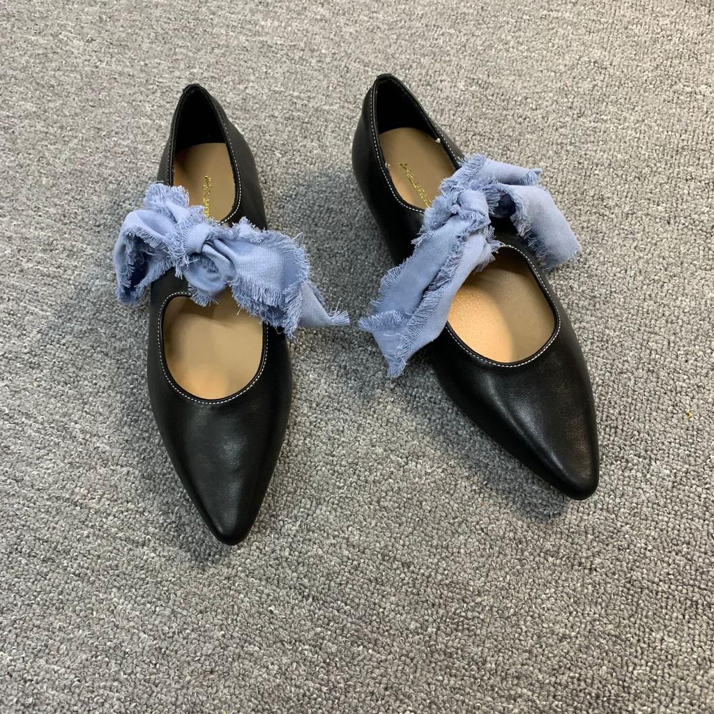 Spot Second Hair! French Temperament Mary Jane Shoes Retro Literary Polish Pointed Head Strap Bow Light Mouth Single Shoes