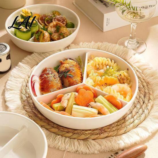 Dávkovací dieta Keramický parní talíř se 3 oddělenými přihrádkami Kulatý jídelní pro jídlo Rýže Maso Zelenina Oddělovač Hrnec Rodinné každodenní použití