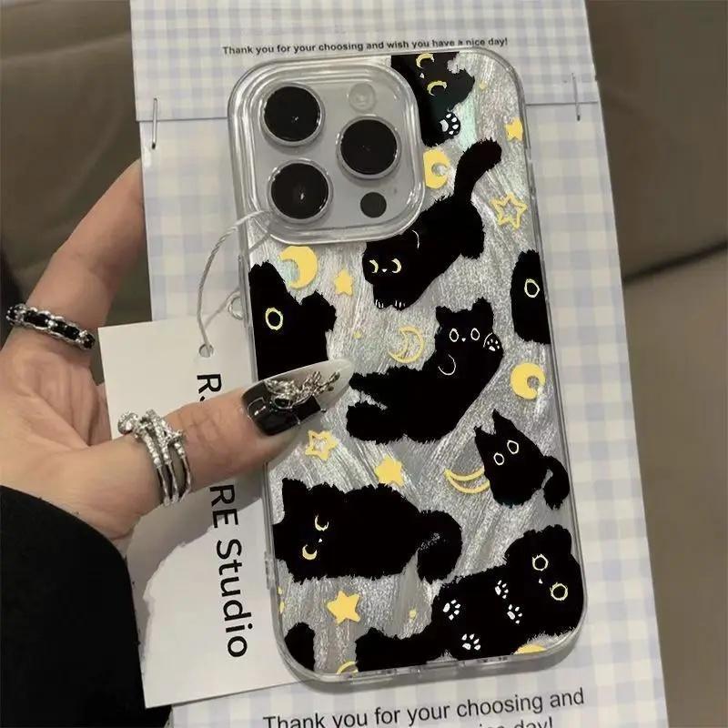 

Cute Black Cat Silver Blue Laser Case For Samsung Galaxy S25 S24 S23 S22 S26 Ultra Plus S20 S25 FE A56 A55 A15 A35 A36 A26 A54 Samsung S23