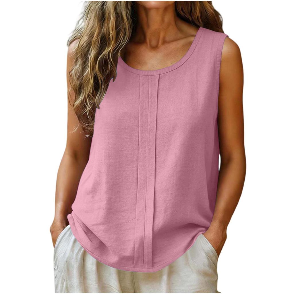 Women Sleeveless Linen Cotton Casual Tank Top Loose Fit Round Neck Lightweight Blouse for Summer Daily Wear
