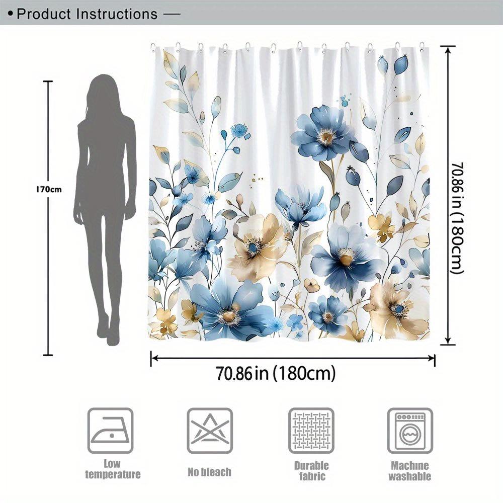 1pc Elegant floral shower curtain, watercolor blue and beige flowers, soft gradient design, polyester fabric, with hooks