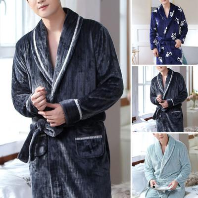 Men Winter Nightgown Thick Plush Print Unisex Coral Fleece Great Water Absorption Long Sleeve Tie Waist Pockets Women Men Homewear Sleepwear