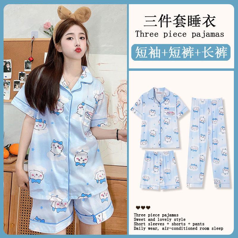 Mikko summer three-piece pajamas women's pure cotton short-sleeved trousers ins Japanese summer spring and autumn loungewear set