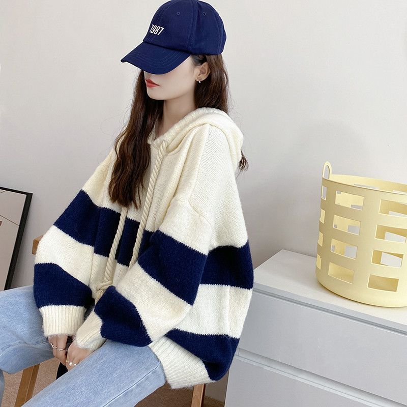 Women S Loose Striped Hooded Pullover Knit Winter Sweater