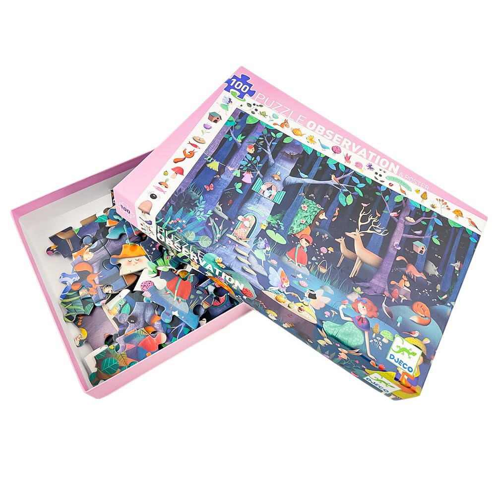 DJECO Enchanted Forest Observation Puzzle, 100-Piece Jigsaw Puzzle, Picture Search Game, Hidden Objects, Educational Toy, Montessori Style, for Girls