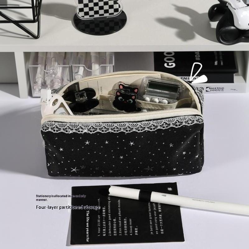Cute Star Print Canvas Pencil Case Lace Trim Pen Bag Kawaii Cat Label Stationery Pouch For Student