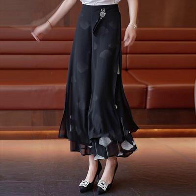 Women's Summer Chiffon Wide-Leg Culottes: High-Waisted, Split, Loose, Slimming, Nine-Tenths Length.