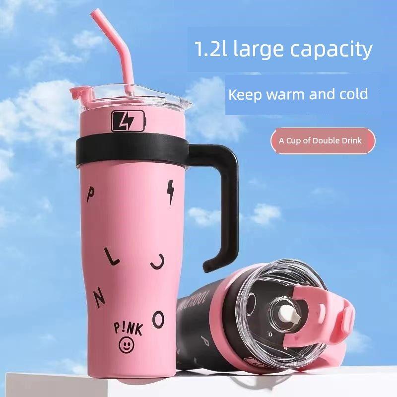 Large Capacity Thermos Cup for Women, Cute Car-Mounted Handle, Warm-Keeping Straw Cup, 304 Stainless Steel Couple's Water Cup with Lid