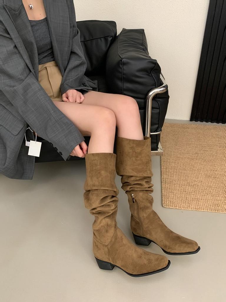 Long Boots Women's Long Tube High Tube 2026 British Style Versatile Interior Height Increasing Square Headed Knight Boots