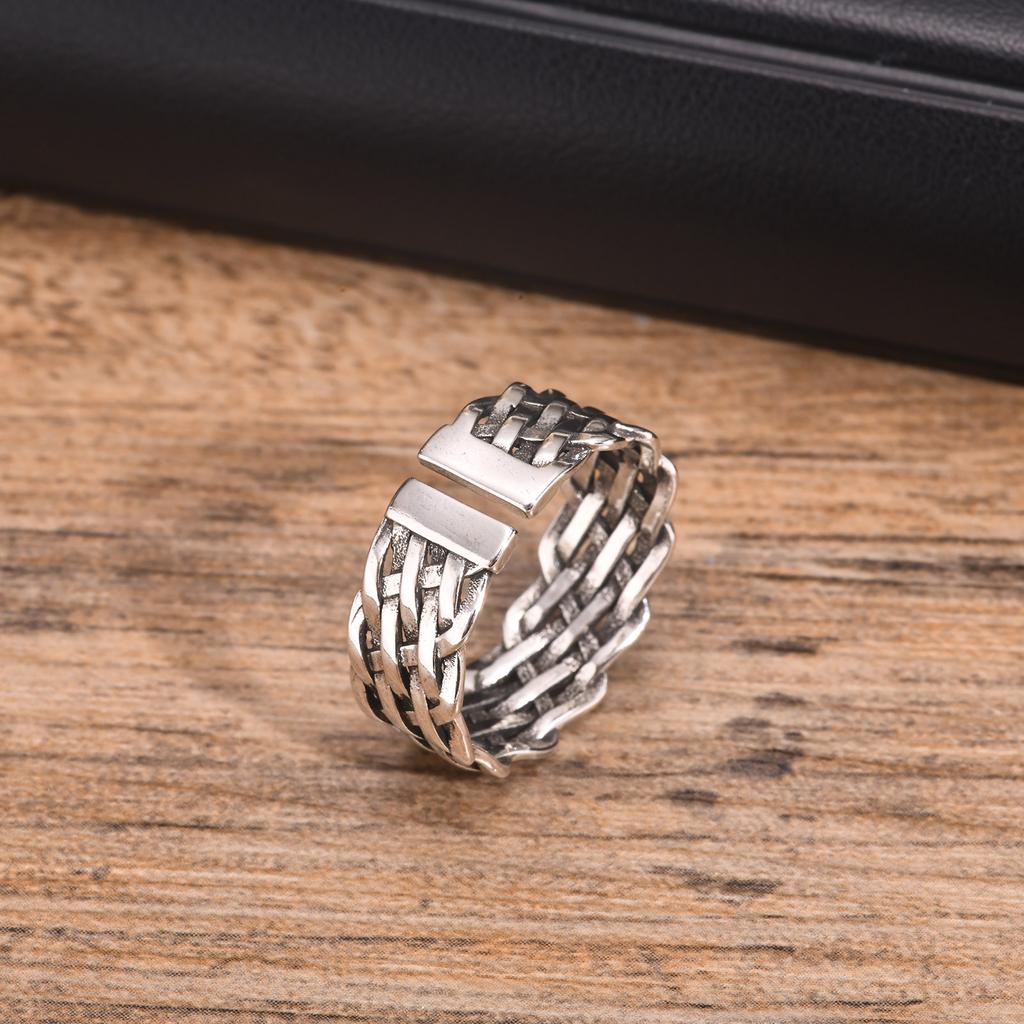 Chunky Woven Rings for Men Boys,Classic Thick Braided Metal Band Ring,Adjustable Anniversary Birthday Jewelry Gift