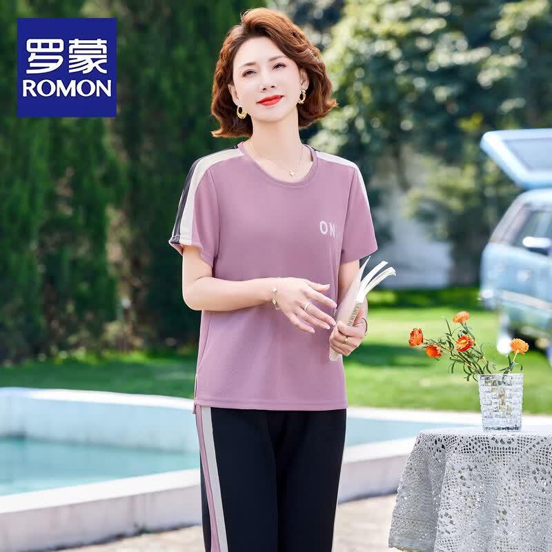 ROMON Middle-Aged Women s Summer Two-Piece Sportswear Set 4XL