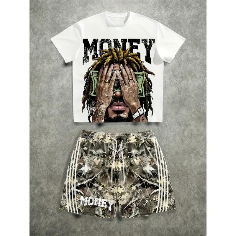 Men s coin dreadlocks printed T-shirt + tie-dye shorts set S