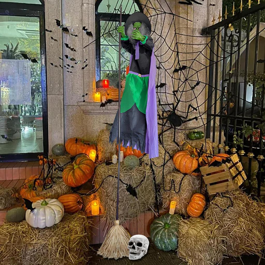 Witch On Broom Decoration 9.84Ft Sound Activation Broom Halloween Animatronic Witch Spooky Home Decor For Holiday Walkway