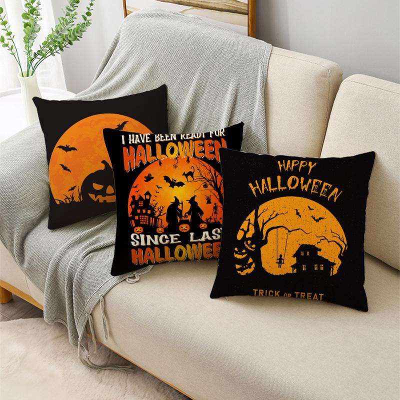 Fashion Classic Orange Halloween Moon Night Bat Ghost Linen Throw Pillowcase Decorative Cushion Cover For Sofa Living Room Party
