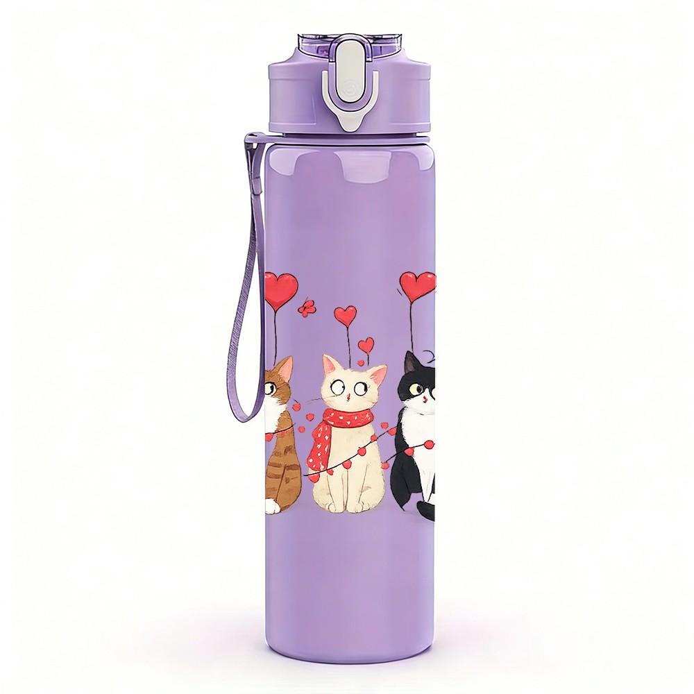 1PC Cat Family In Winter Clothes Cartoon Print 750ml Color Plastic Sports Water Bottle Leakproof Flip Straw Lid Suitable for Sports Office Home Use