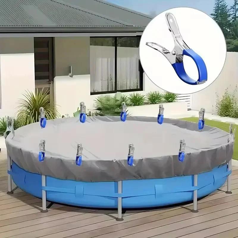 6 Pieces Durable Stainless Steel Pool Cover Clips With Blue Plastic Handles - Heavy Duty Windproof Spring Clips For Secure Above