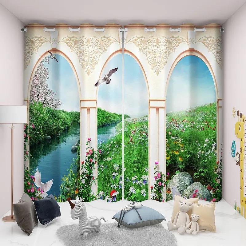 2 Stück 3D-Vorhang mit Strandlandschaft für Balkon, Fensterbehandlung für Schlafzimmer, Wohnzimmer, Küche, Arbeitszimmer, Wohnkultur, Cortinas, Vorhänge