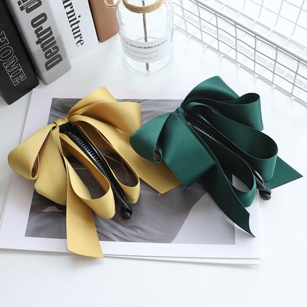 Satin High Ponytail Fixed Ribbon Girls Hairpin Banana Clip Bow Headwear Korean Style Hair Clip