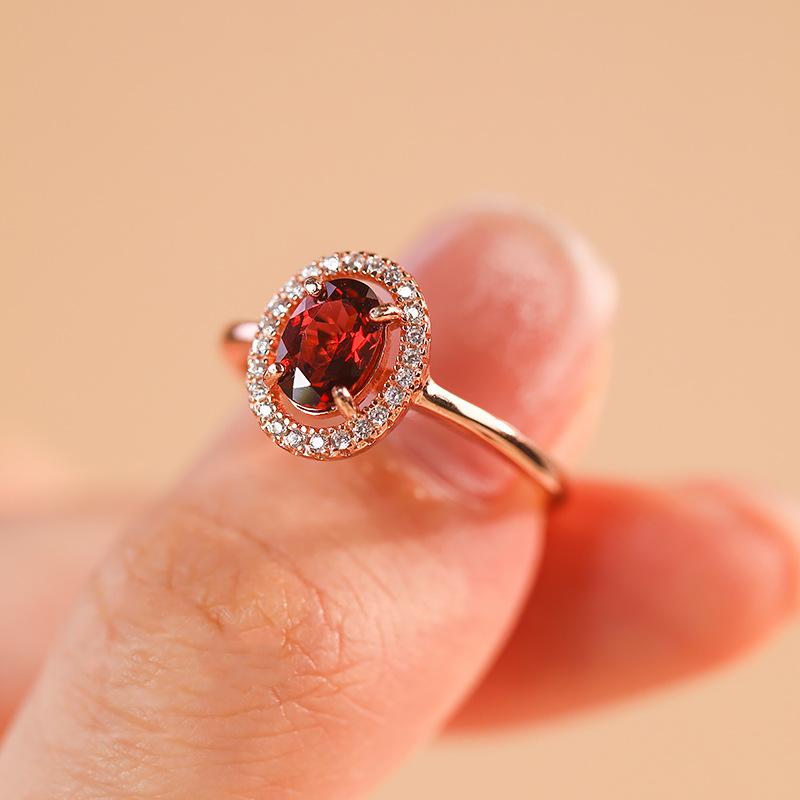 Inlaid 7X9Mm Oval Imitation Natural Garnet Ring Women'S Rose Gold Plated Ring