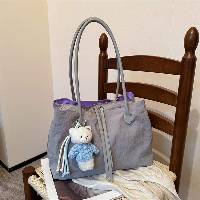 Korean Nyl Shoulder Bag, Spacious Multi-pocket Tote, Double-zip Commute Bag With Bear Pendant, Lightweight Multi-layer Shopper