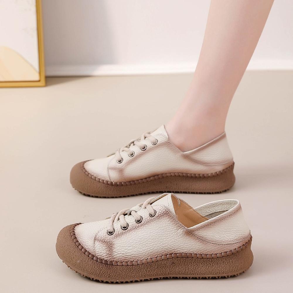 Genuine Cowhide Mom Shoes, Round Toe Versatile Casual Leather Shoes, Spring Summer Soft‑Sole Wear‑Resistant Flat Loafers for Women SA‑1011