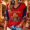 Women's V Neck Casual Three-Quarter Sleeve Halloween Print Blouse
