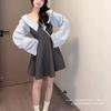 One-word long-sleeved lantern sleeve dew short skirt student summer new striped fake two-piece dress