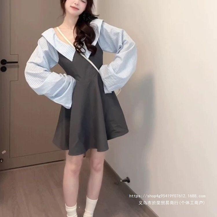 One-word long-sleeved lantern sleeve dew short skirt student summer new striped fake two-piece dress